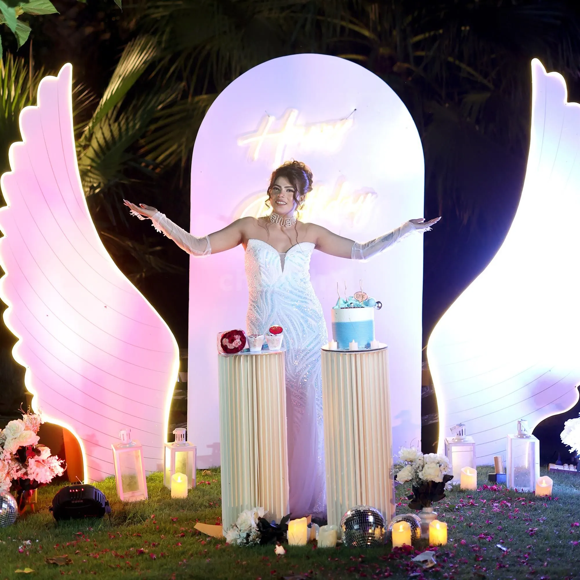 Heavenly Glow Angel Wings Birthday Setup