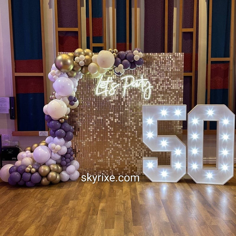 Golden Sequin 50th Birthday Decoration with LED Marquee Numbers backdrop