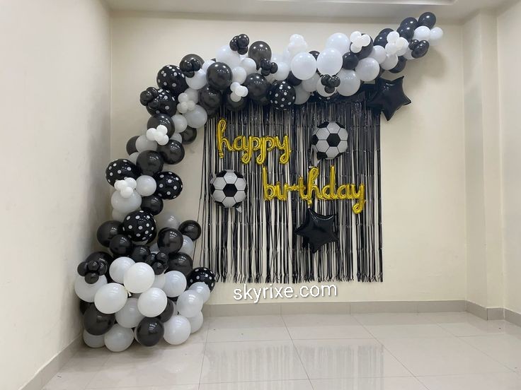 Black and White Football Theme Birthday Decoration with Fringe Backdrop