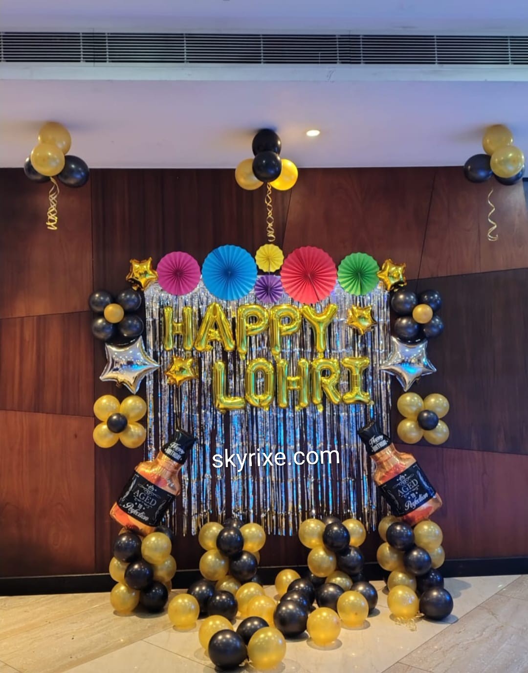 Black and Gold Birthday Party Decoration with Happy Birthday Balloon Backdrop