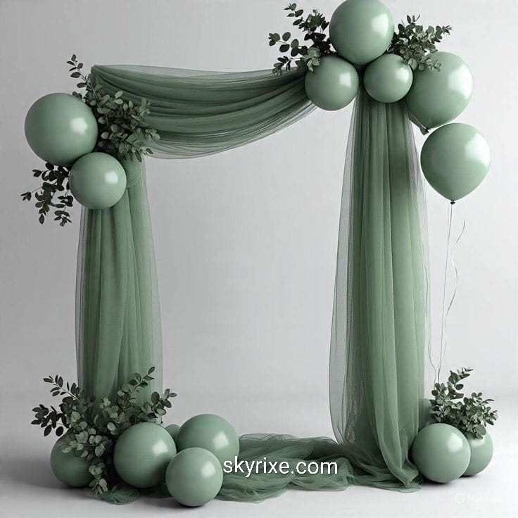 Sage Green Draped Balloon Arch Decoration with Elegant Fabric Backdrop