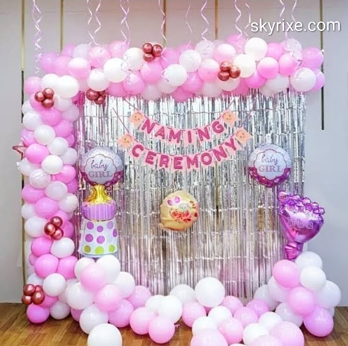 Baby Girl Naming Ceremony Balloon Decoration with Silver Fringe Backdrop