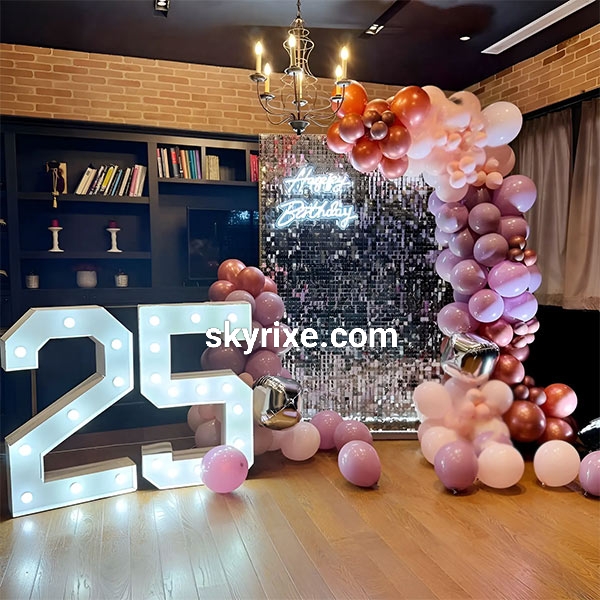 Rose Gold 25th Birthday Sequin Backdrop Decoration with Balloon Arch