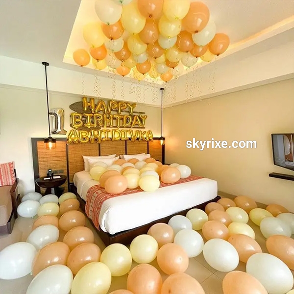 Peach Ceiling Balloon Birthday Surprise