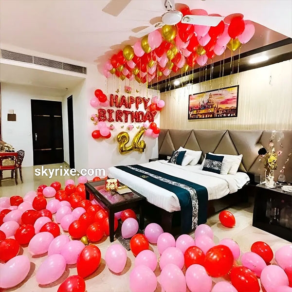 Red and Pink 24th Birthday Room Decoration with Ceiling Balloons