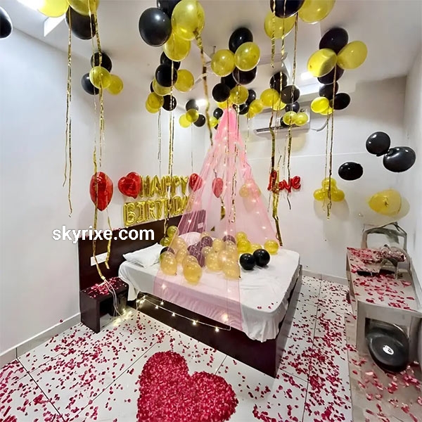 Romantic Black and Gold Birthday Surprise Room Decoration with Canopy Net