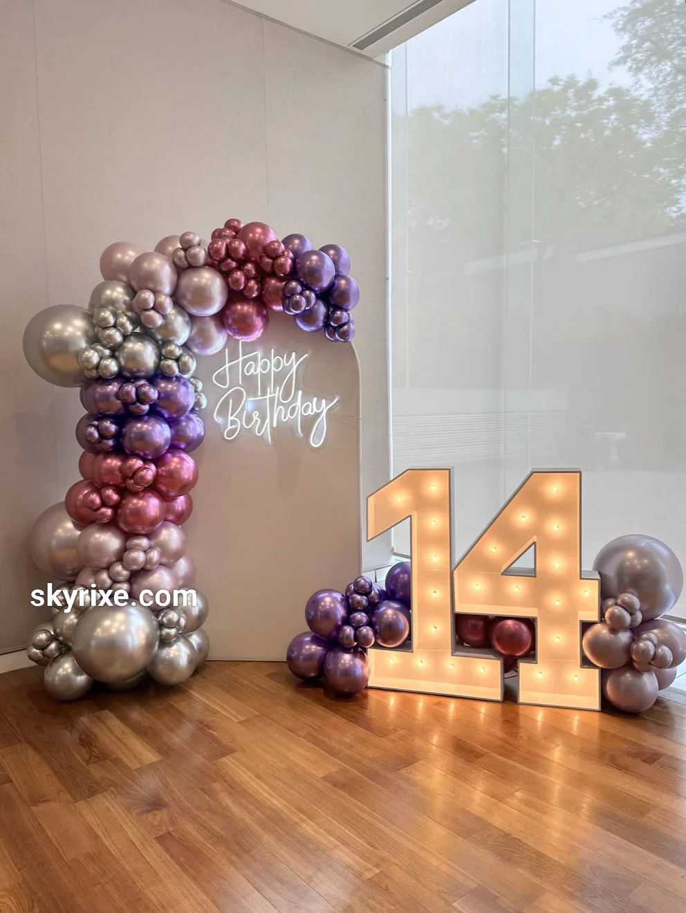 Silver 14th Birthday Neon Backdrop with Marquee Numbers