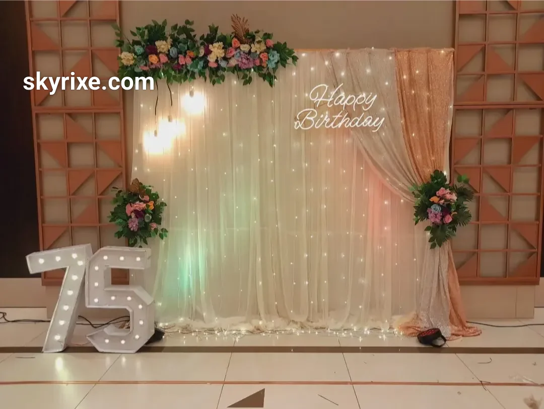 Floral Curtain Birthday Decoration with LED Number 75
