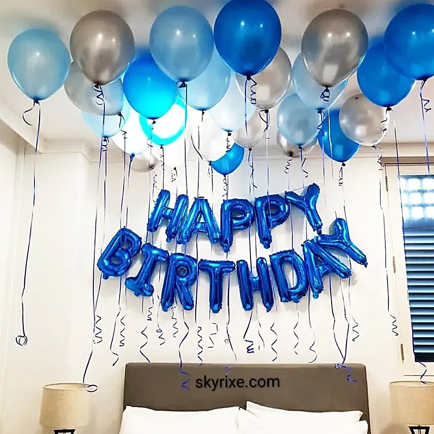 Blue Chrome Ceiling Surprise Birthday Decor