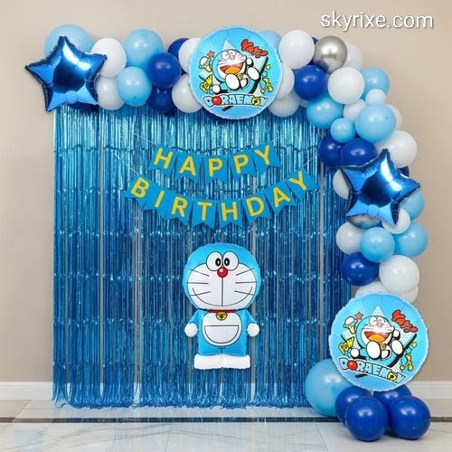 Doraemon Theme Birthday Decoration with Blue Balloon Arch