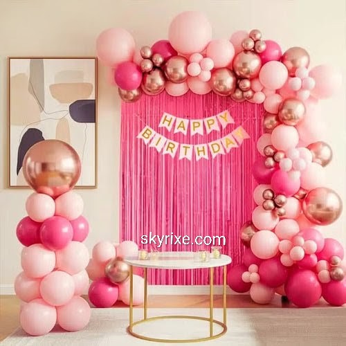 Pink and Rose Gold Birthday Decoration with Balloon Arch