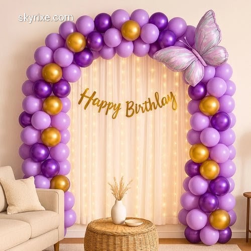purple and Gold Butterfly Theme Balloon Arch Birthday Decoration