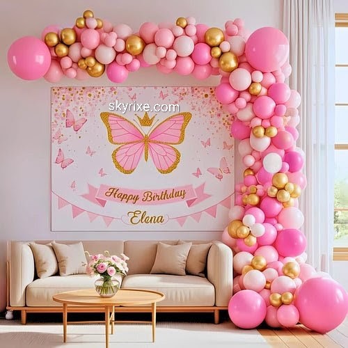 Pink Butterfly Birthday Decoration with Gold Balloon Arch