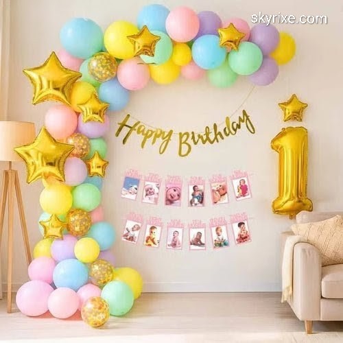 Pastel Balloon 1st Birthday Decoration with Gold Star Balloons