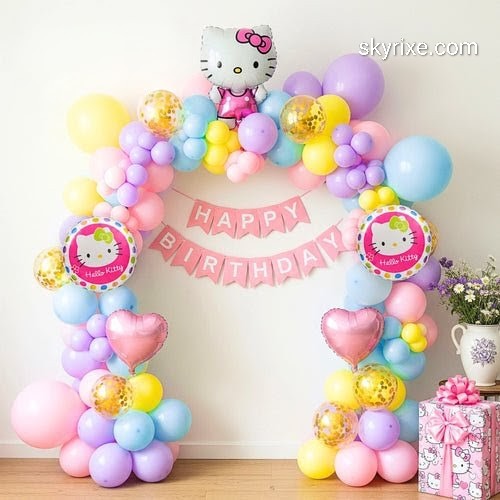 Hello Kitty Pastel Birthday Decoration with Balloon Arch