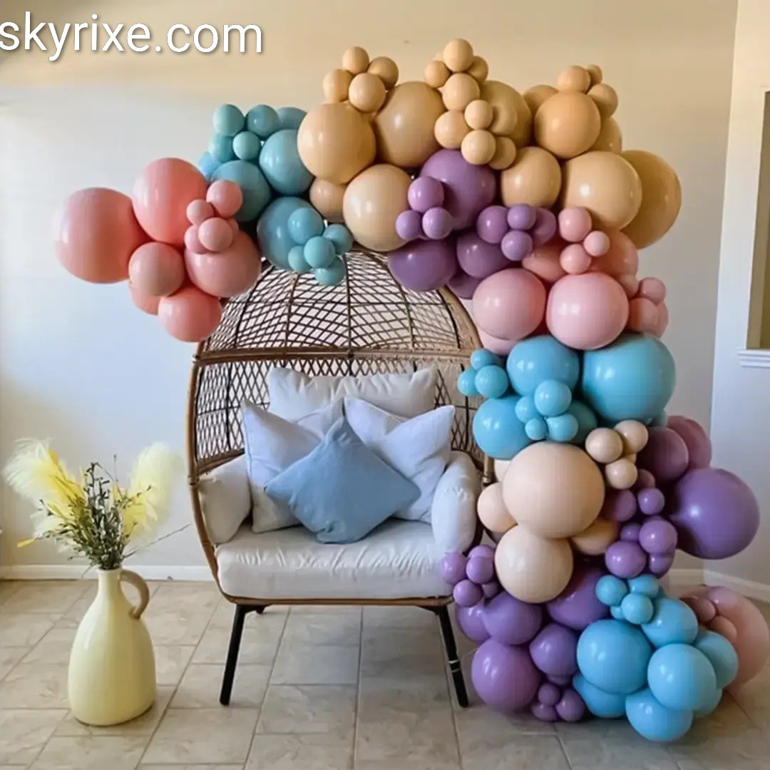Pastel Bloom Balloon Arch with Rattan Chair Setup