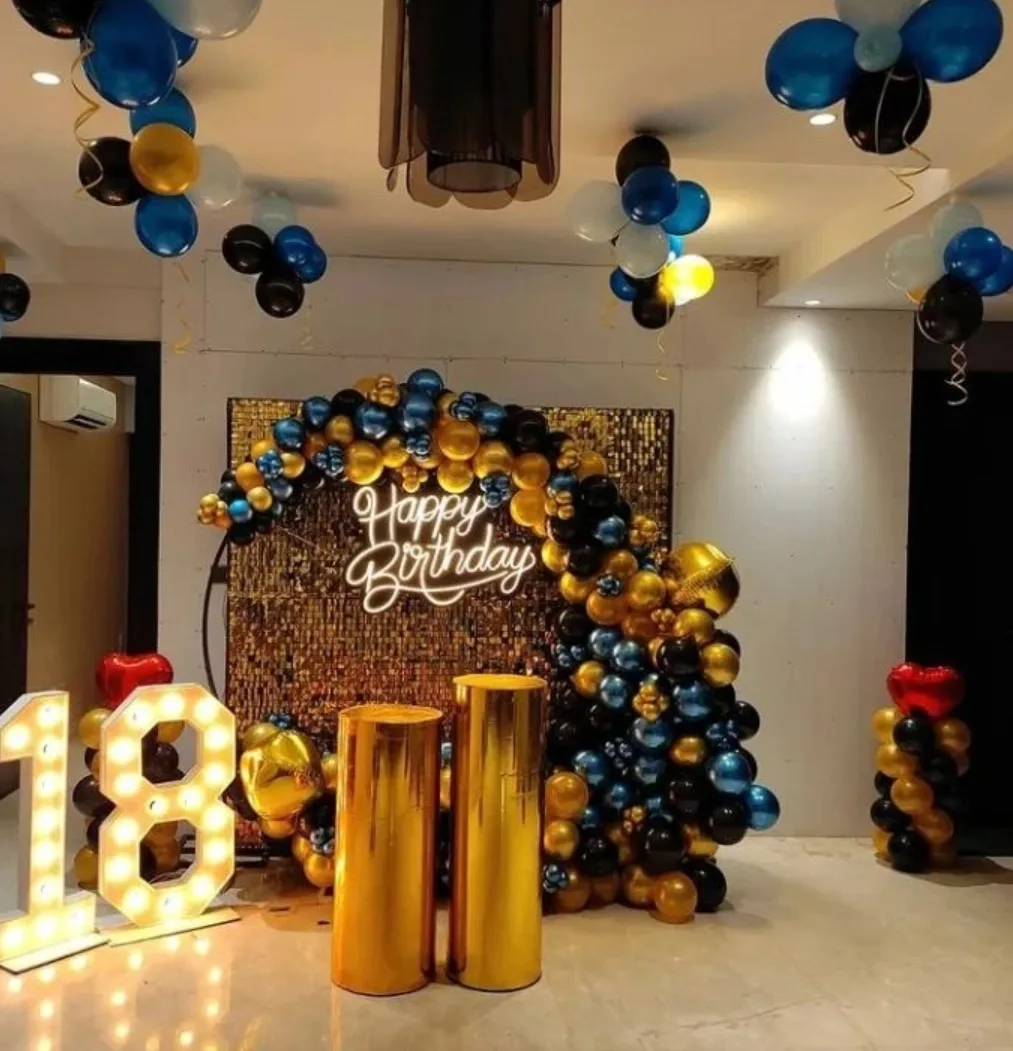 Blue And Gold 18th Birthday Balloon Arch with Shimmer Backdrop