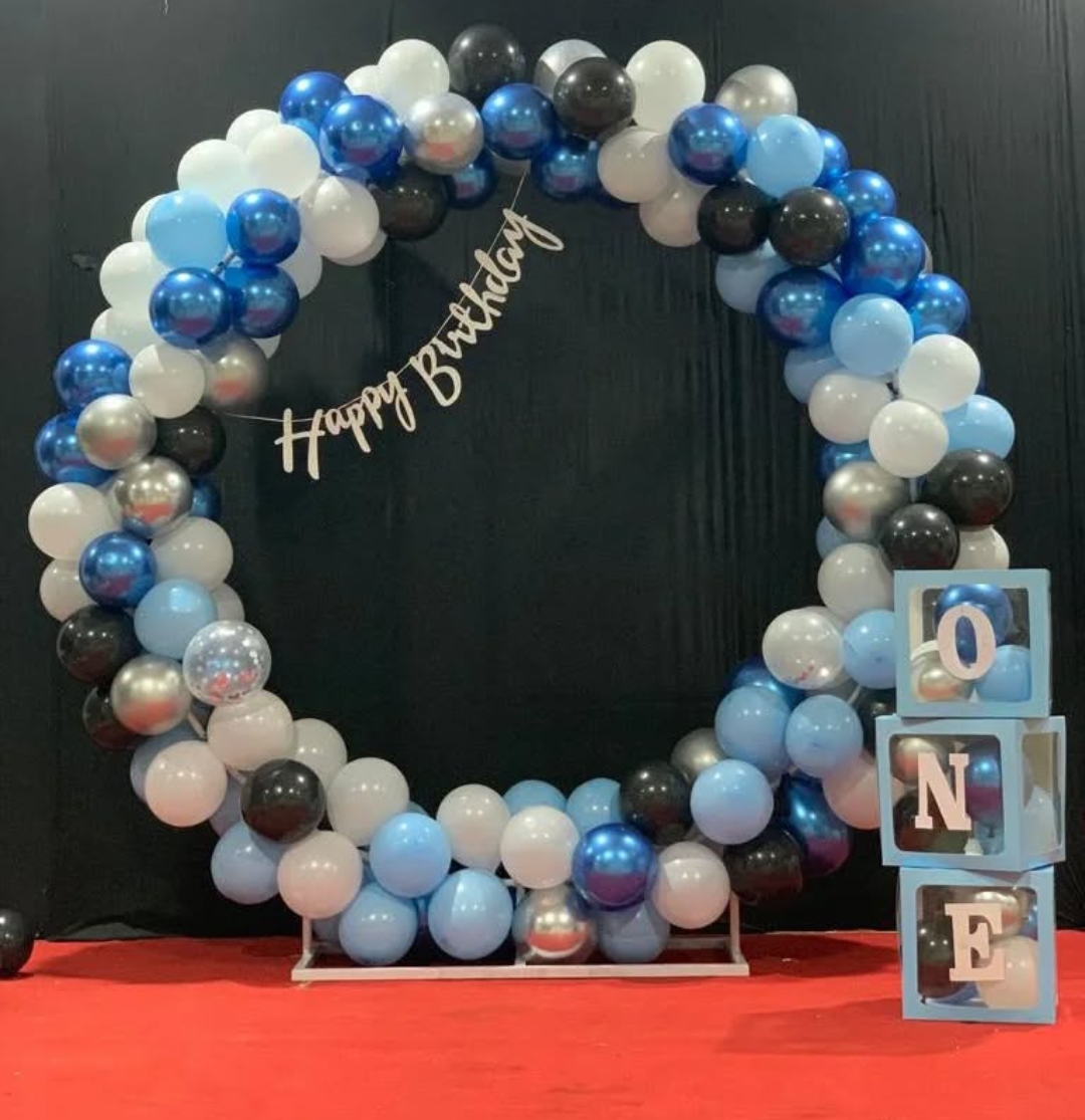 Blue And Silver Elegant Circle Balloon Arch for 1st Birthday