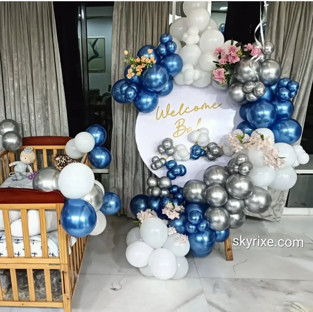 Welcome Baby Blue And Silver Balloon Decoration