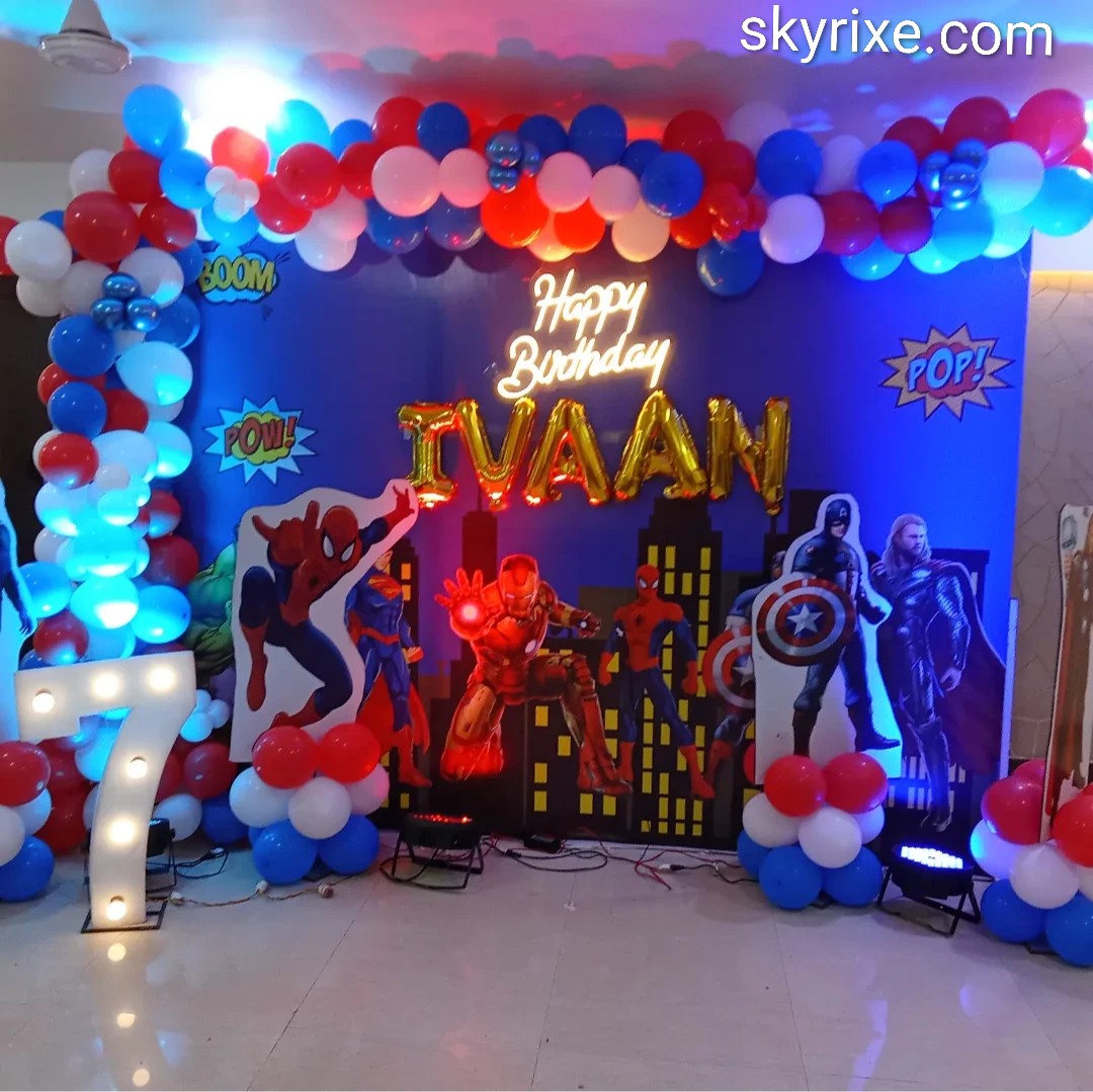 Marvel Superhero Cityscape Birthday Backdrop with Balloon Arch