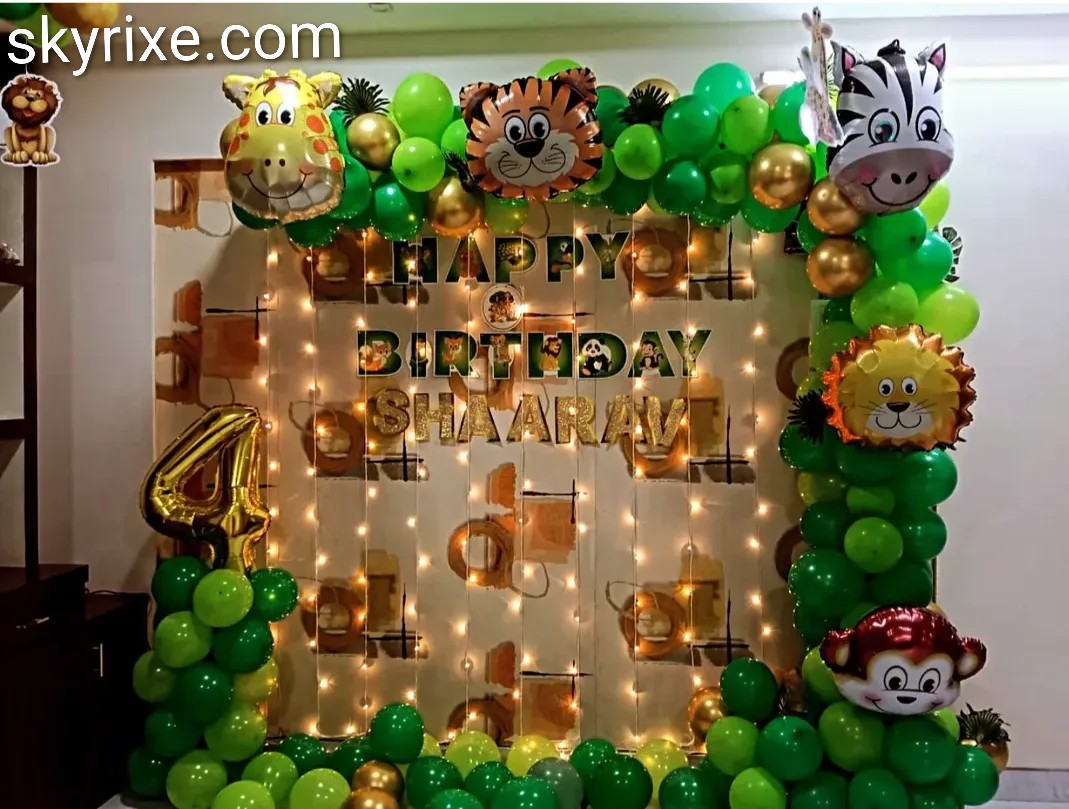 Jungle Safari Birthday Backdrop with Animal Balloons
