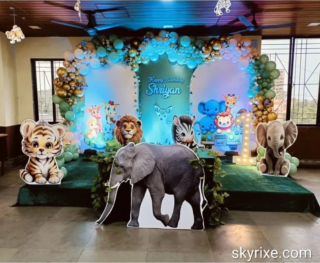 Jungle Safari First Birthday Stage with Animal Cutouts