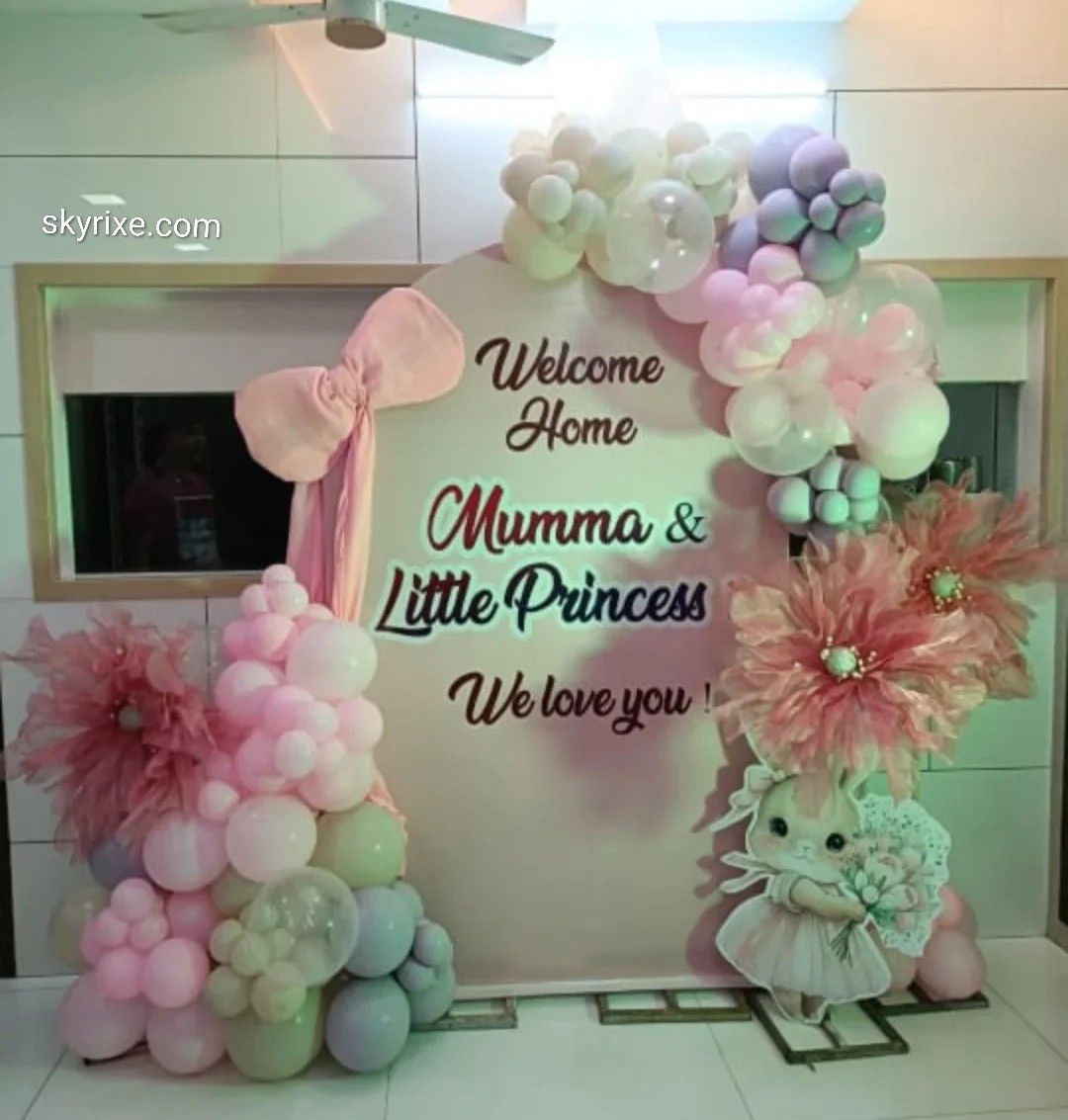 Welcome Home Baby Girl Pastel Balloon Backdrop with Bow