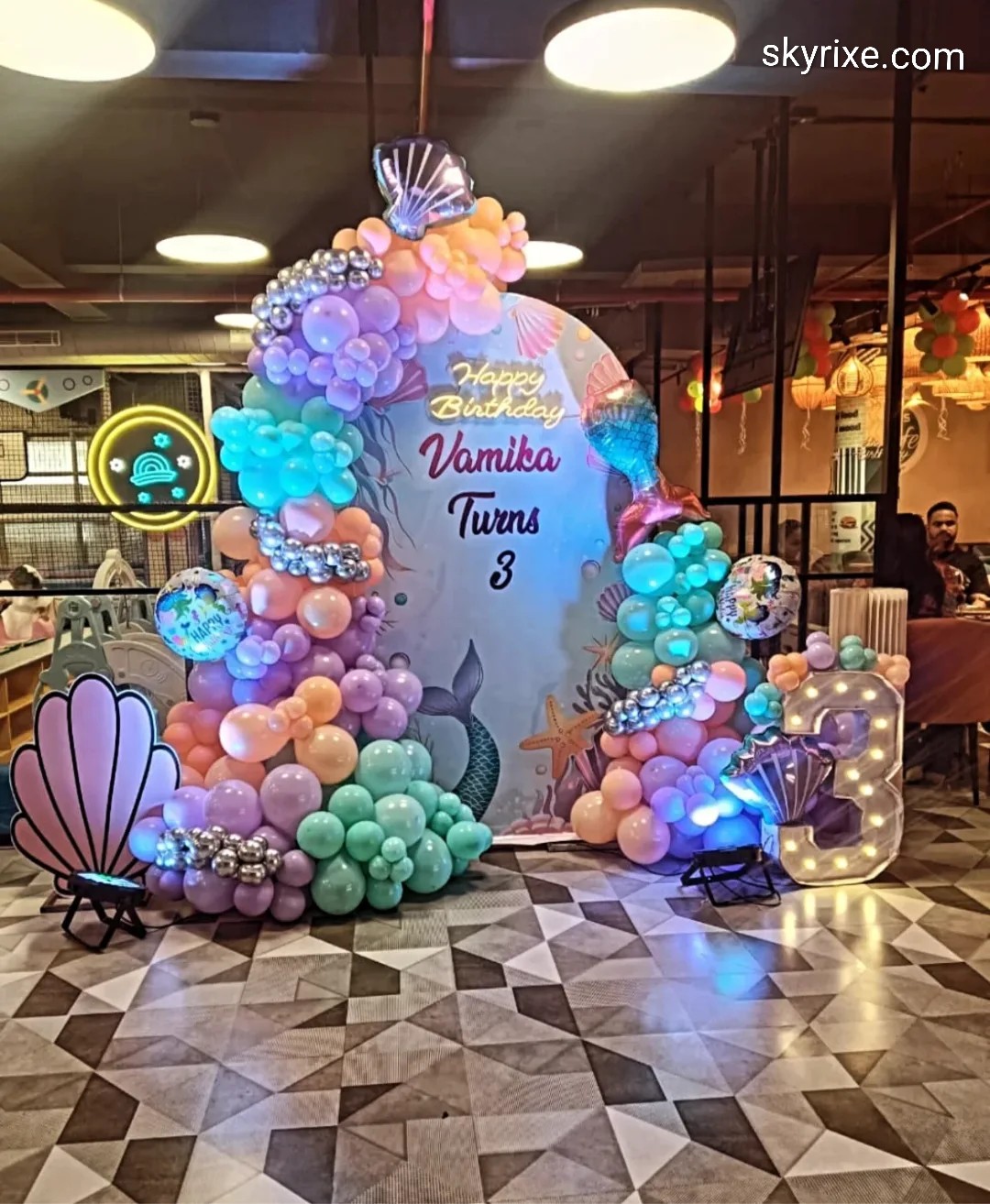 Magical Mermaid Birthday Backdrop with Pastel Balloon Garland
