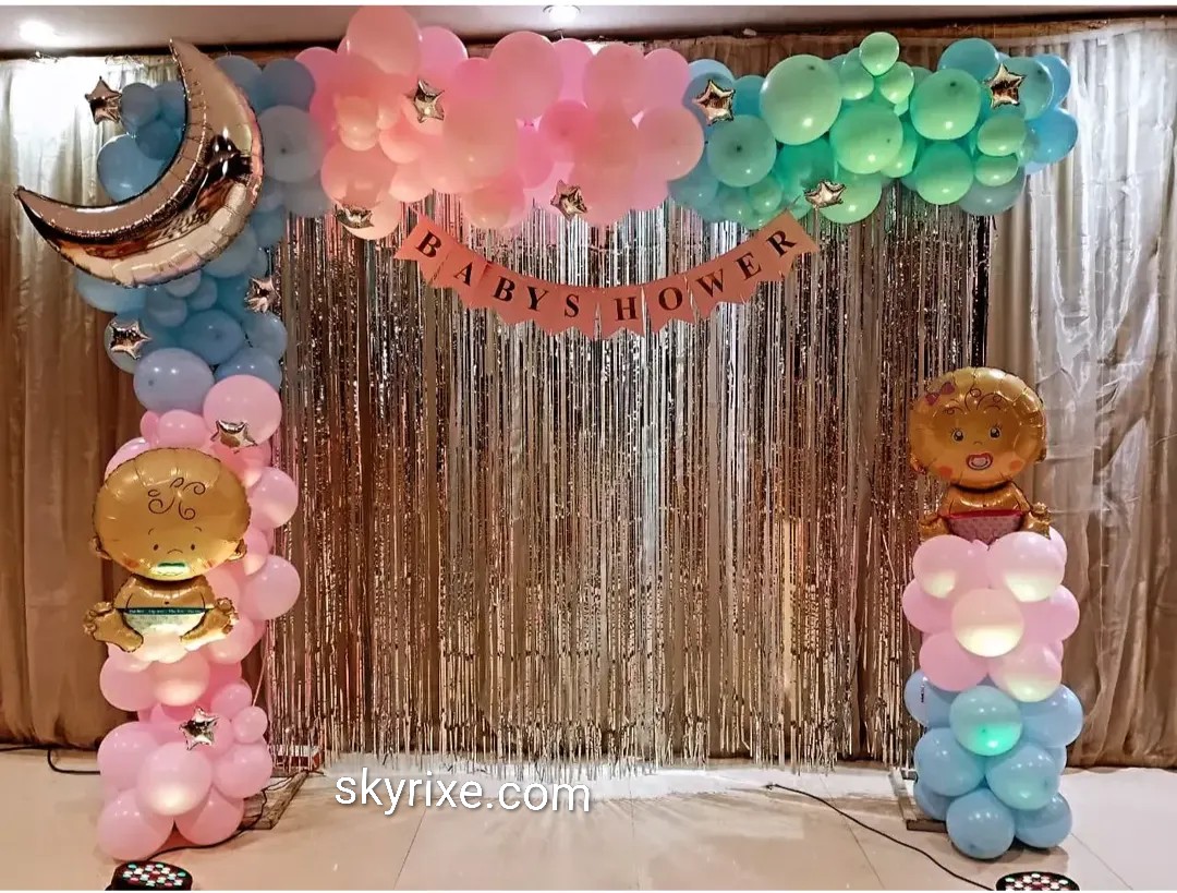 Pastel Baby Shower Balloon Decoration with Shimmer Curtain