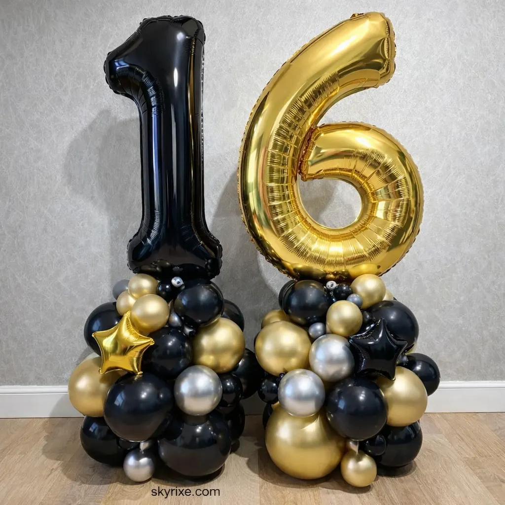 Luxe Black & Gold 16th Birthday Number Balloon Towers