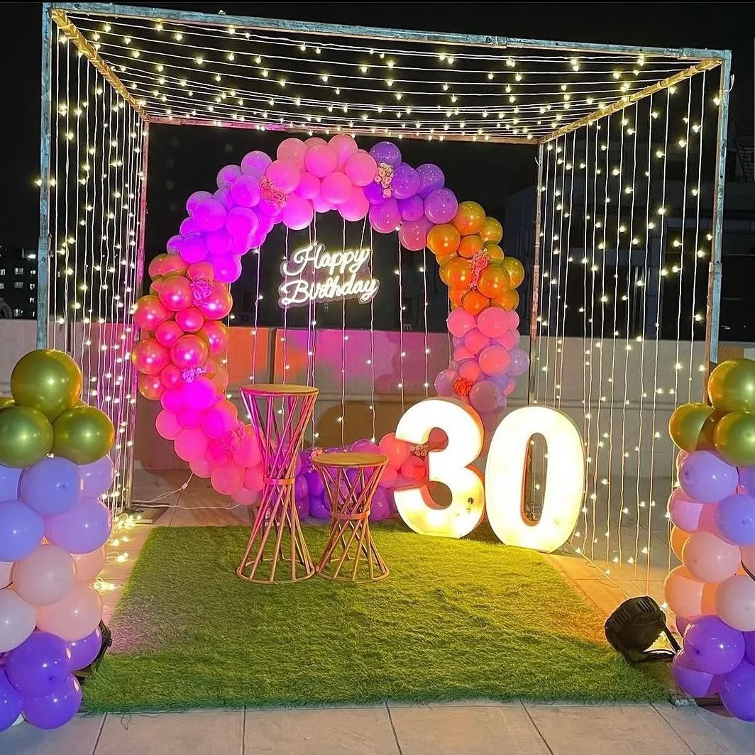 Dreamy Rooftop Birthday Setup  Neon And Balloon