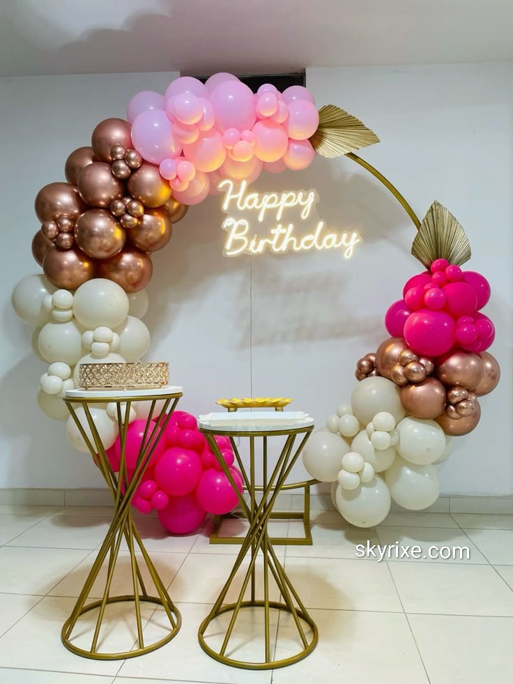 Pink and Rose Gold Balloon Arch with Neon Happy Birthday Setup